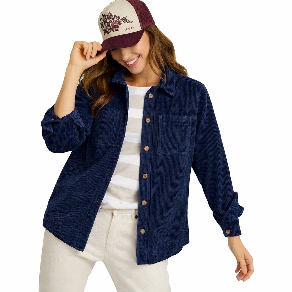 L.L.Bean Comfort Corduroy Relaxed Shirt Women's Blue Carbon Navy Button Up L